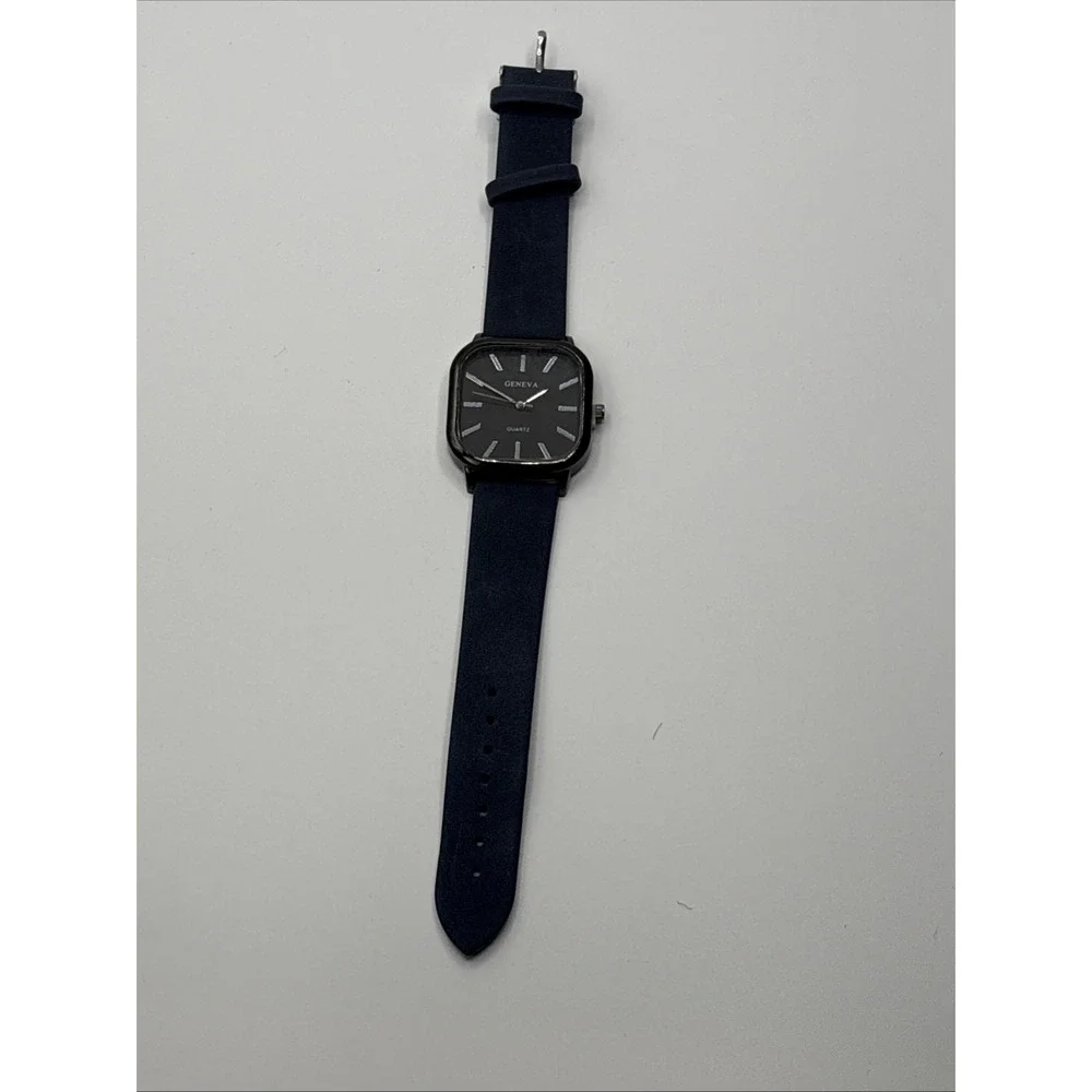 Geneva Quartz Men's Watch Square‎ With Navy Blue Band New Outside Box